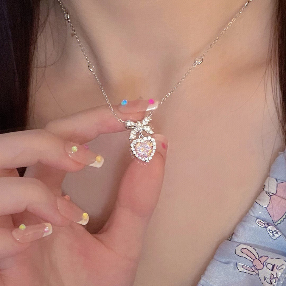 Chic CZ Inlaid Pink Celestial Heart Necklace