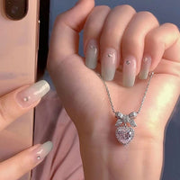 Thumbnail for Dainty CZ Inlaid Pink Crystal Bowknot Heart Necklace - ArtGalleryZen