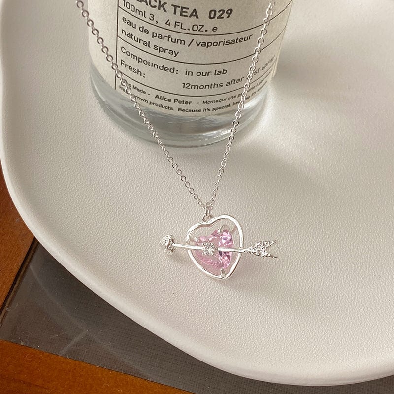 Dainty CZ Inlaid Pink Crystal Cupid Arrow Heart Necklace - ArtGalleryZen