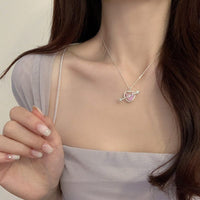 Thumbnail for Dainty CZ Inlaid Pink Crystal Cupid Arrow Heart Necklace - ArtGalleryZen