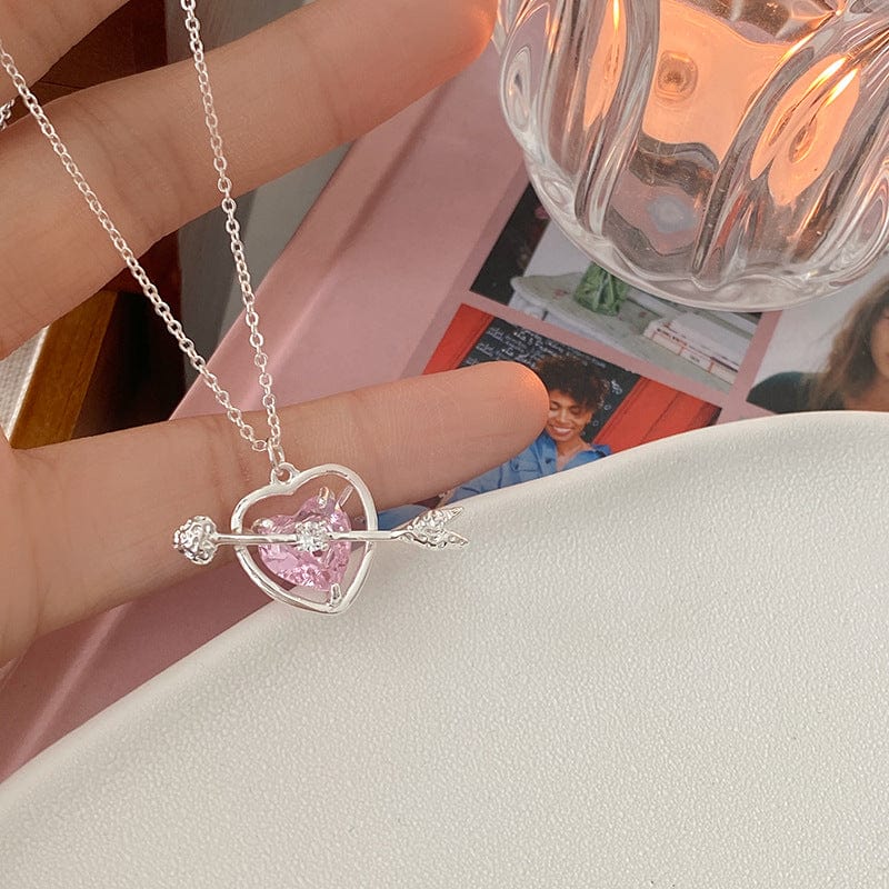 Dainty CZ Inlaid Pink Crystal Cupid Arrow Heart Necklace - ArtGalleryZen