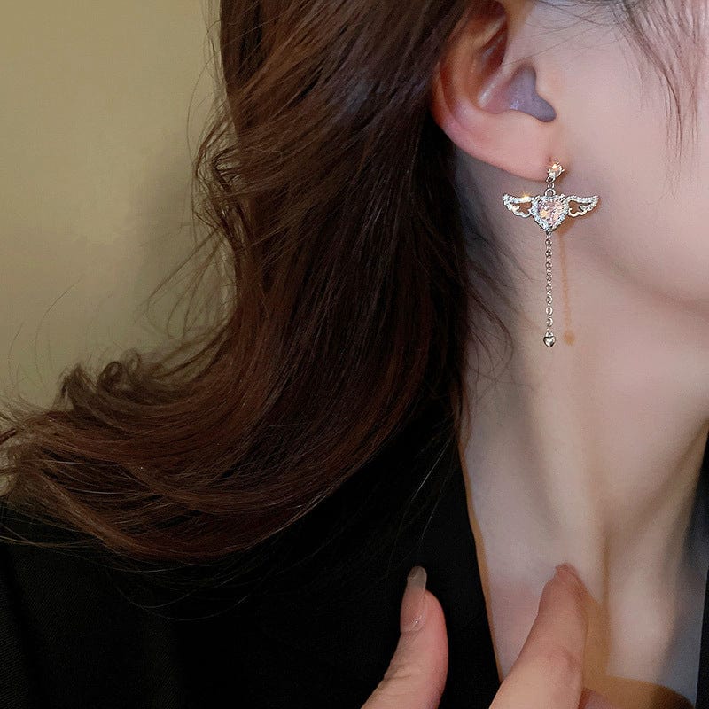 Dainty CZ Inlaid Pink Crystal Cupid Heart Wings Earrings - ArtGalleryZen