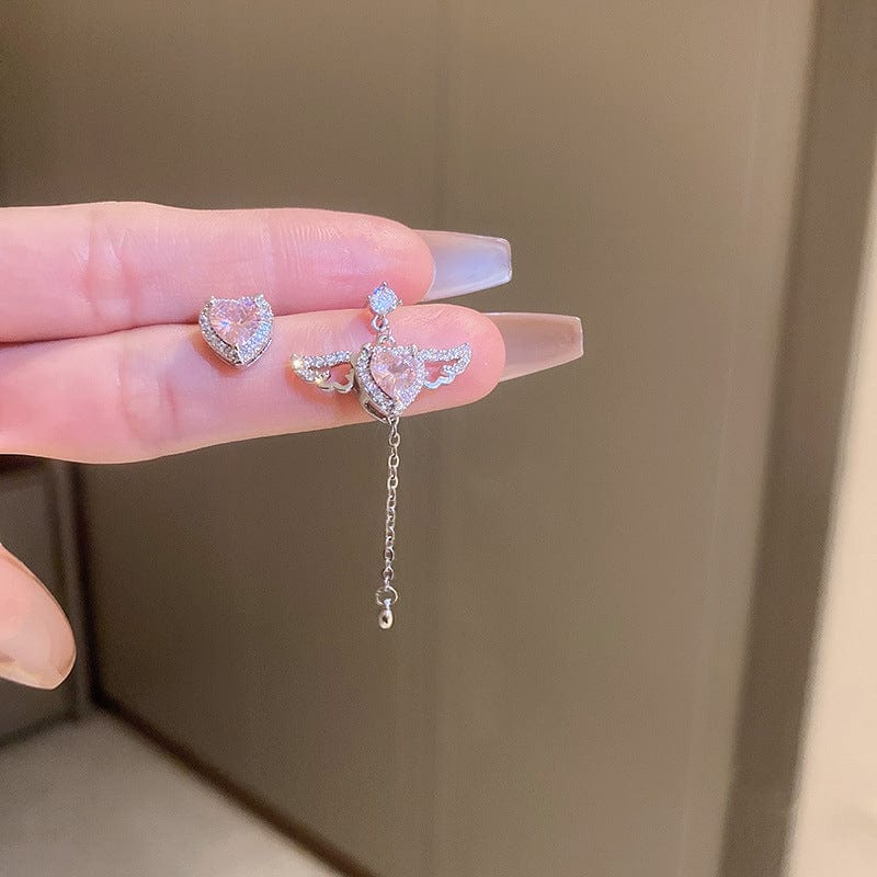 Dainty CZ Inlaid Pink Crystal Cupid Heart Wings Earrings - ArtGalleryZen