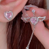 Thumbnail for Dainty CZ Inlaid Pink Crystal Cupid Heart Wings Earrings - ArtGalleryZen