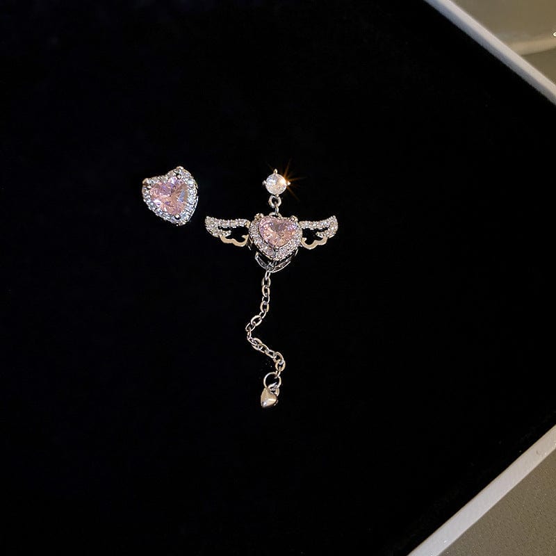 Dainty CZ Inlaid Pink Crystal Cupid Heart Wings Earrings - ArtGalleryZen