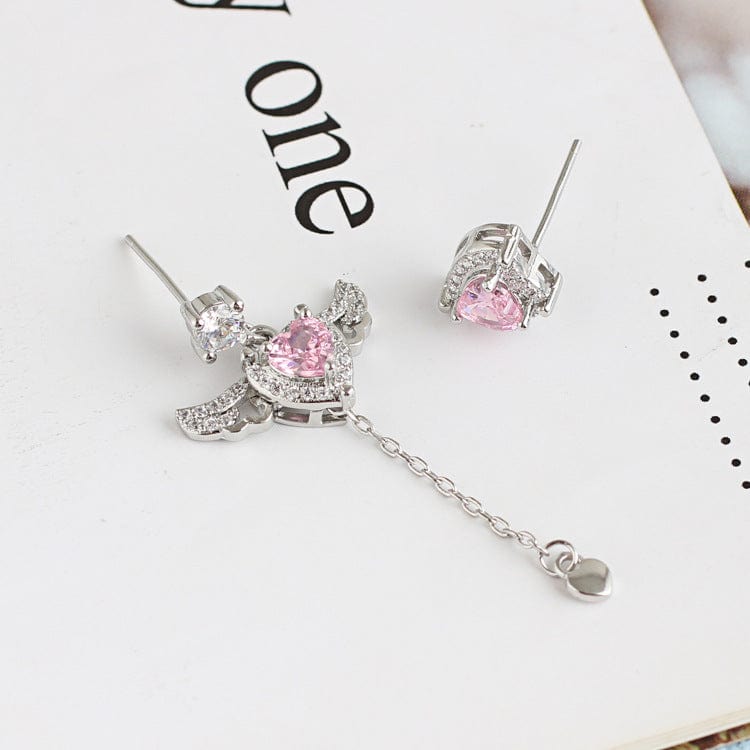 Dainty CZ Inlaid Pink Crystal Cupid Heart Wings Earrings - ArtGalleryZen