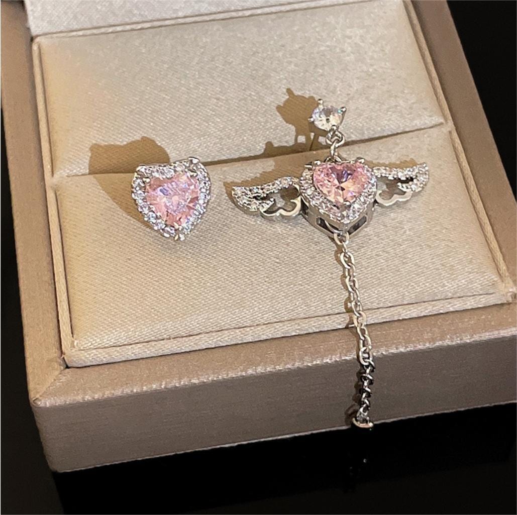 Dainty CZ Inlaid Pink Crystal Cupid Heart Wings Earrings - ArtGalleryZen
