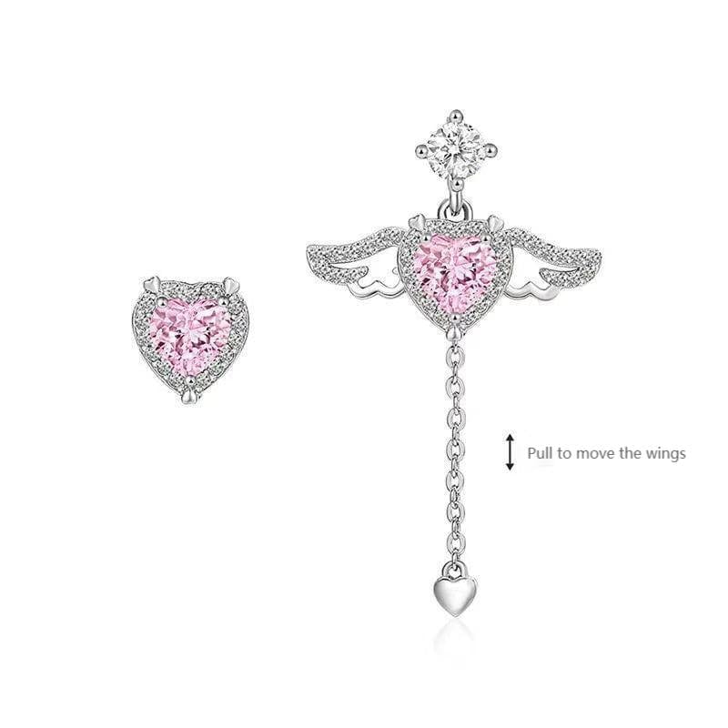 Dainty CZ Inlaid Pink Crystal Cupid Heart Wings Earrings - ArtGalleryZen