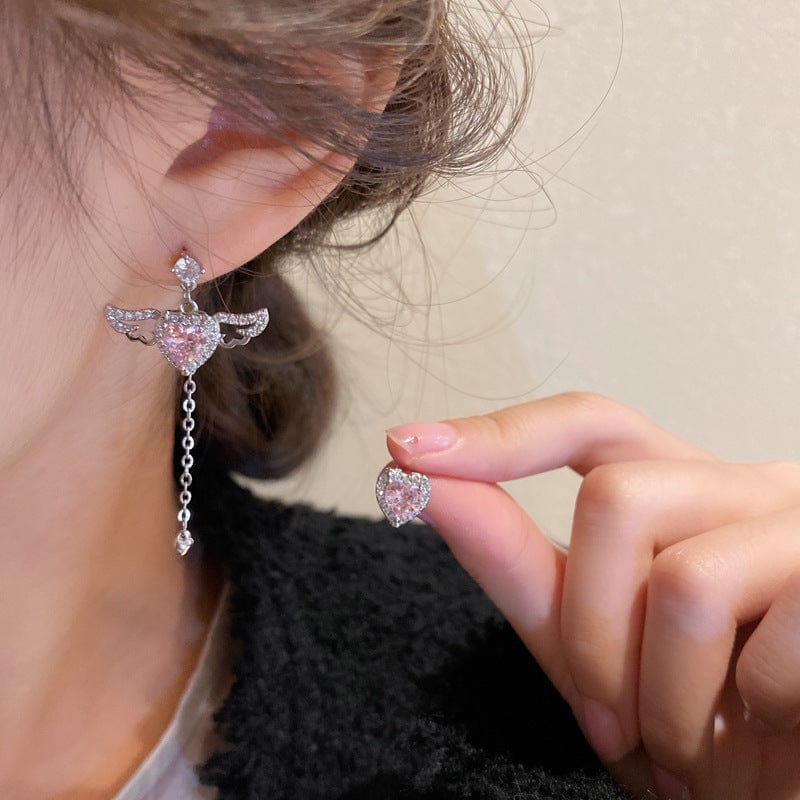 Dainty CZ Inlaid Pink Crystal Cupid Heart Wings Earrings - ArtGalleryZen