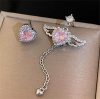 Thumbnail for Dainty CZ Inlaid Pink Crystal Cupid Heart Wings Earrings - ArtGalleryZen