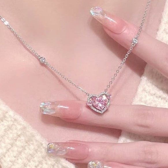 Dainty CZ Inlaid Pink Crystal Heart Necklace - ArtGalleryZen