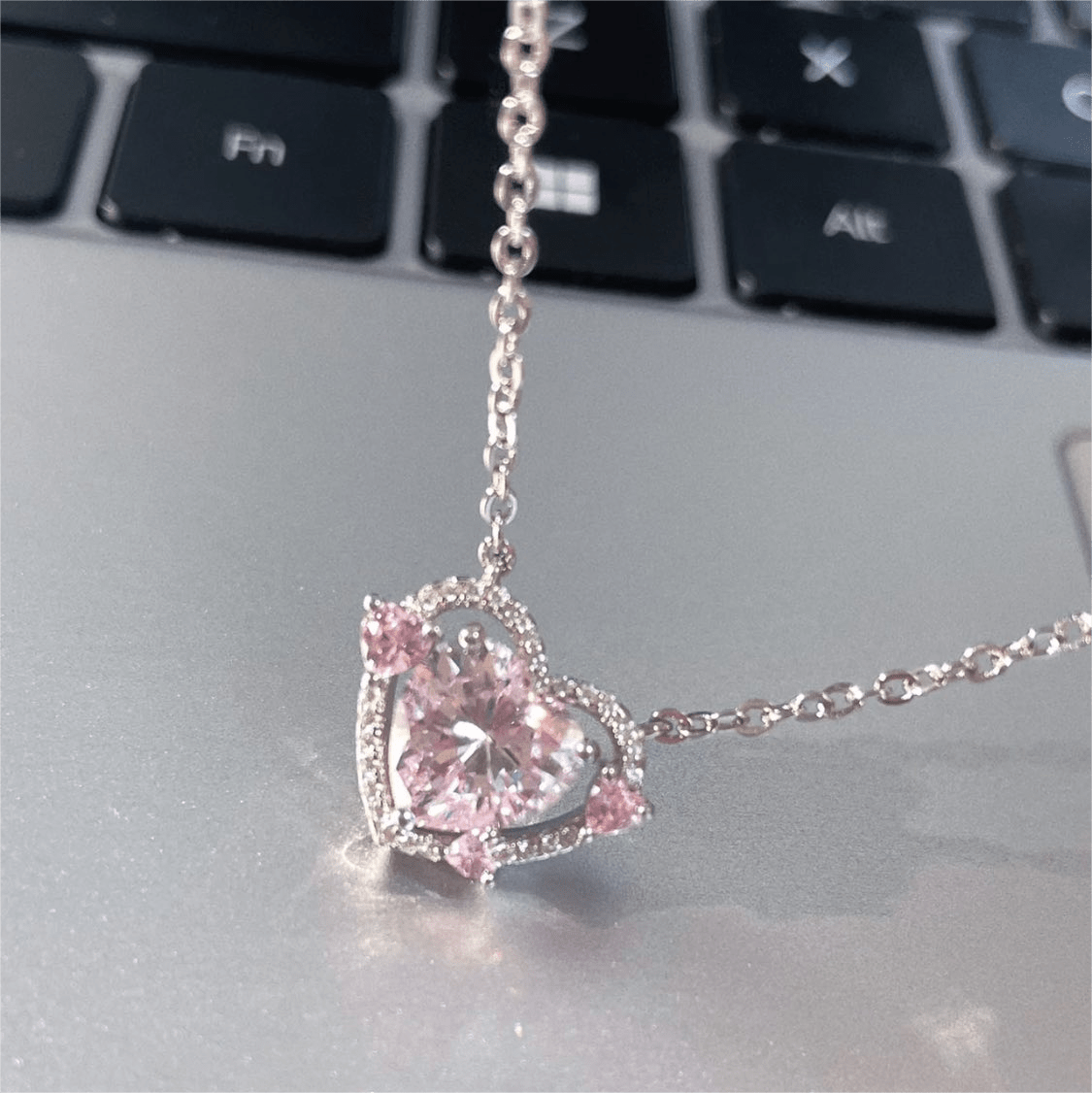 Dainty CZ Inlaid Pink Crystal Heart Necklace - ArtGalleryZen