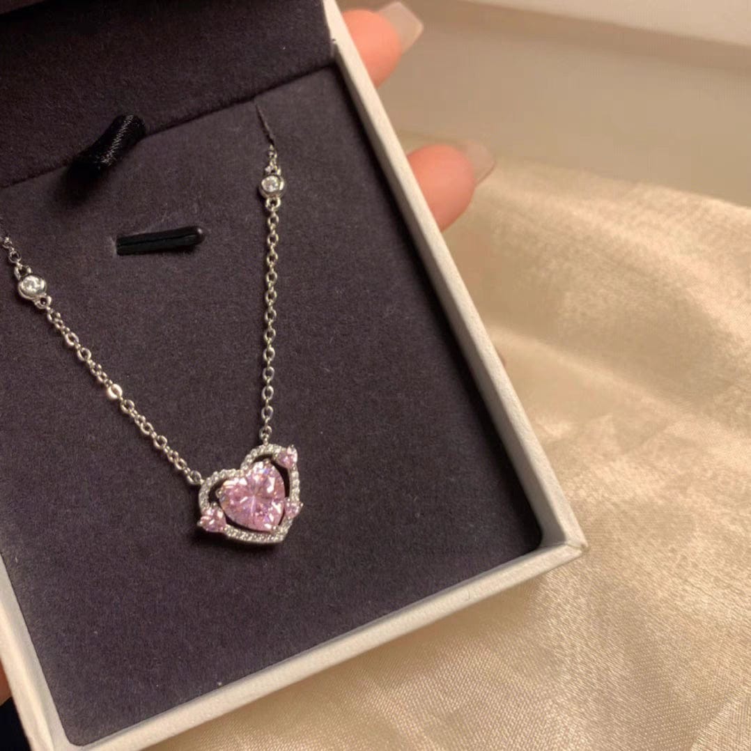 Dainty CZ Inlaid Pink Crystal Heart Necklace - ArtGalleryZen