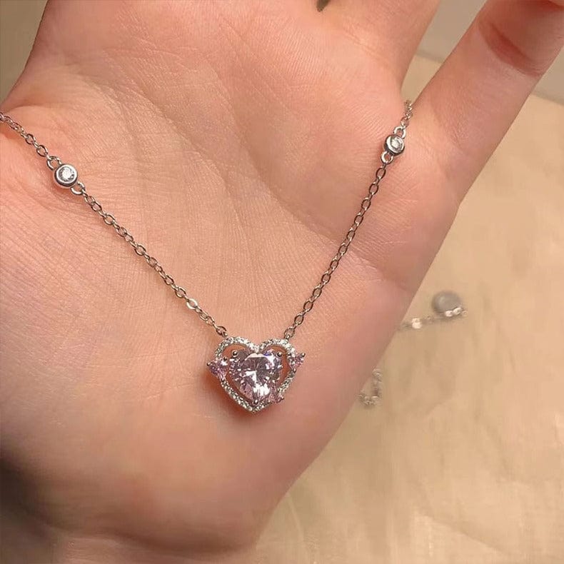 Dainty CZ Inlaid Pink Crystal Heart Necklace - ArtGalleryZen