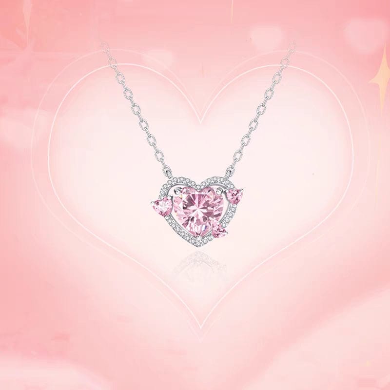 Dainty CZ Inlaid Pink Crystal Heart Necklace - ArtGalleryZen
