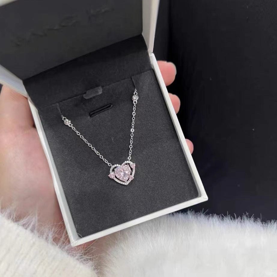 Dainty CZ Inlaid Pink Crystal Heart Necklace - ArtGalleryZen