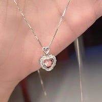 Thumbnail for Dainty CZ Inlaid Pink Crystal Rolling Heart Pendant Necklace - ArtGalleryZen