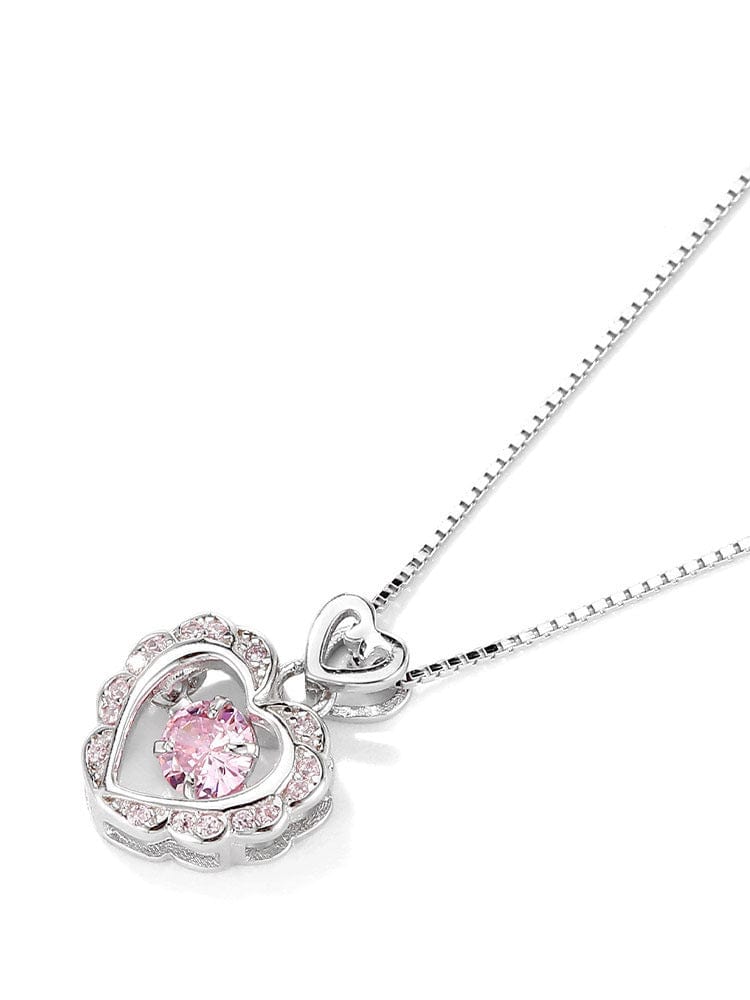 Dainty CZ Inlaid Pink Crystal Rolling Heart Pendant Necklace - ArtGalleryZen