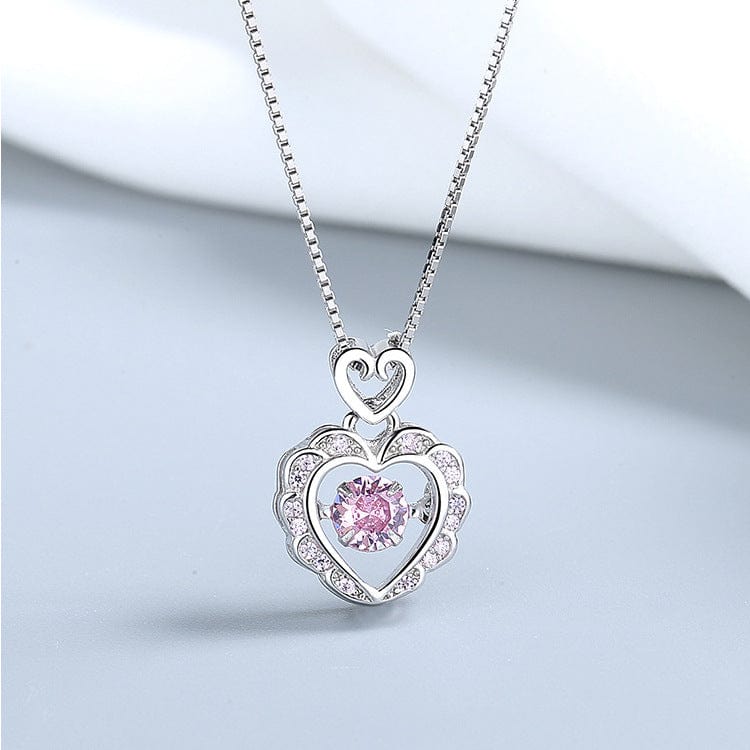 Dainty CZ Inlaid Pink Crystal Rolling Heart Pendant Necklace - ArtGalleryZen