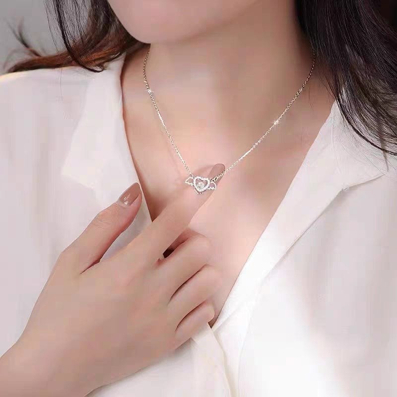 Dainty CZ Inlaid Rolling Crystal Angel Heart Wings Necklace - ArtGalleryZen