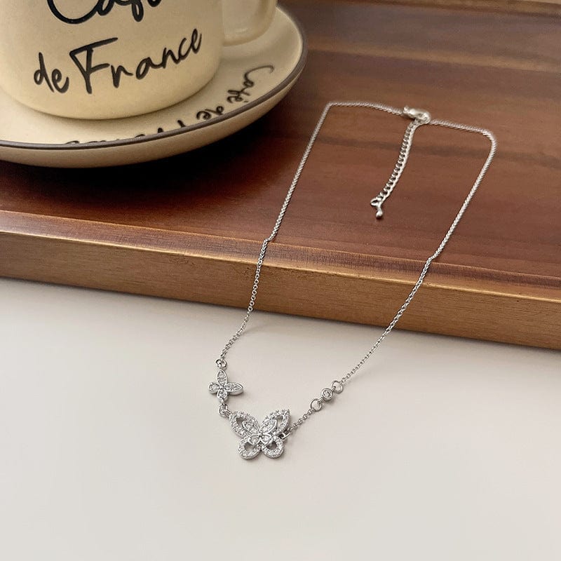 Dainty CZ Inlaid S925 Sterling Silver Duo Butterfly Necklace - ArtGalleryZen