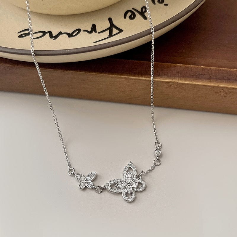 Dainty CZ Inlaid S925 Sterling Silver Duo Butterfly Necklace - ArtGalleryZen