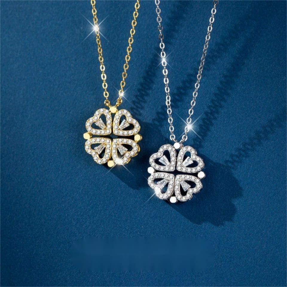 Dainty CZ Inlaid Transformable Lucky Flower Heart Pendant Necklace - ArtGalleryZen