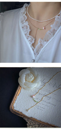 Thumbnail for Dainty Enamel Tulip Pearl Charm Rolo Chain Necklace - ArtGalleryZen