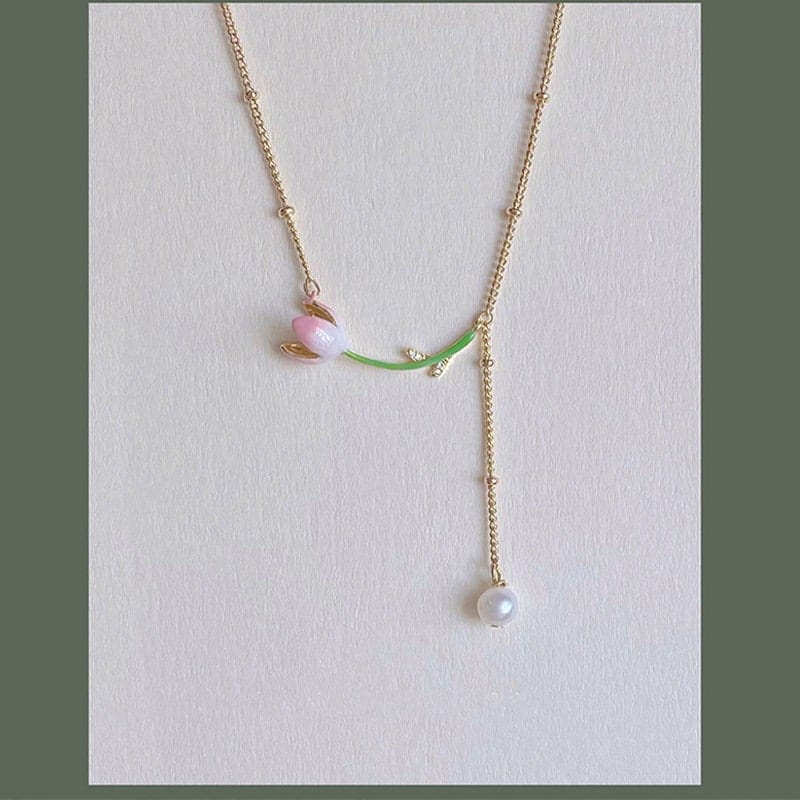 Dainty Enamel Tulip Pearl Charm Rolo Chain Necklace - ArtGalleryZen