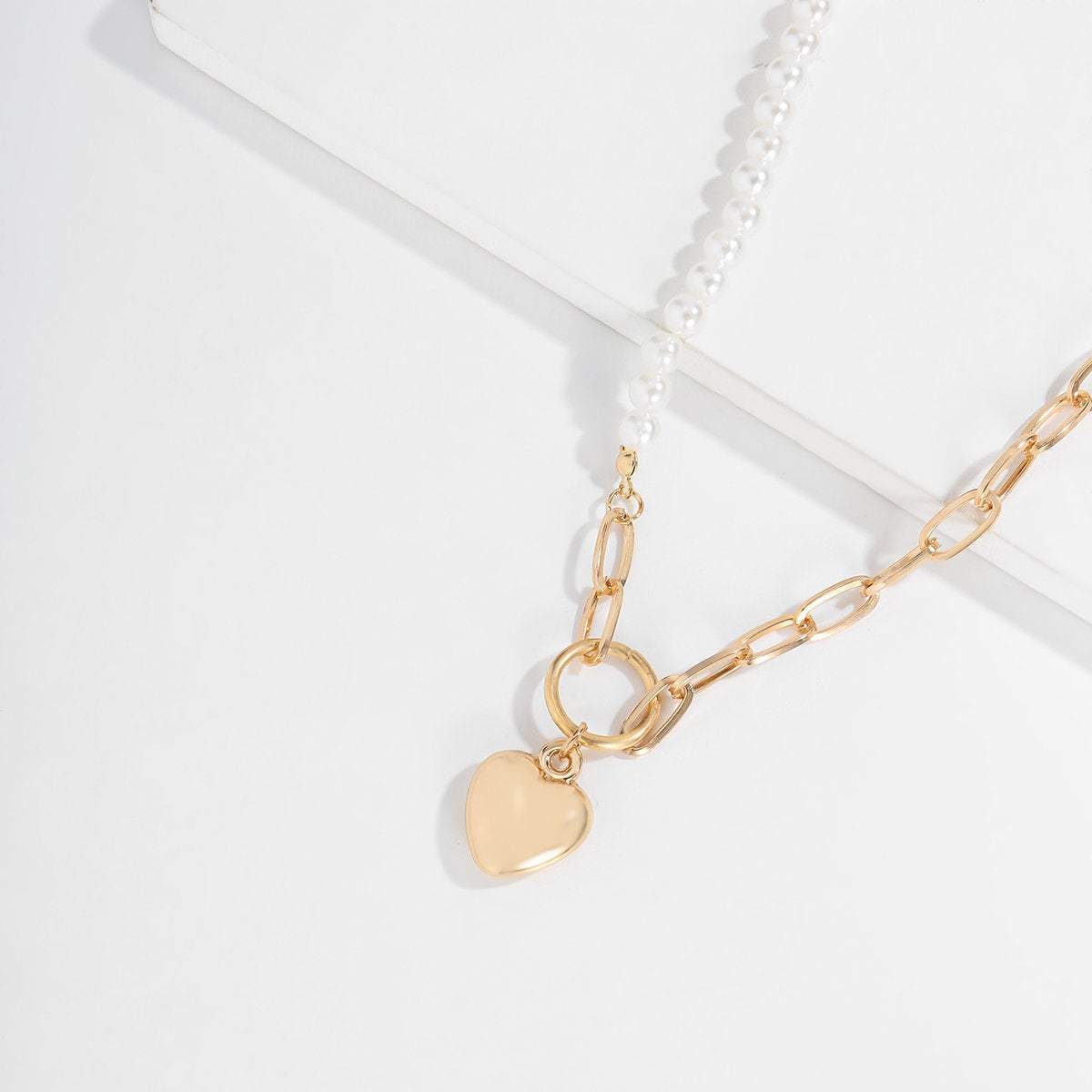 Dainty Gold Silver Tone Heart With Halo Pendant Beaded Pearl Chain Choker Necklace - ArtGalleryZen
