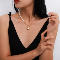 Thumbnail for Dainty Gold Silver Tone Heart With Halo Pendant Beaded Pearl Chain Choker Necklace - ArtGalleryZen