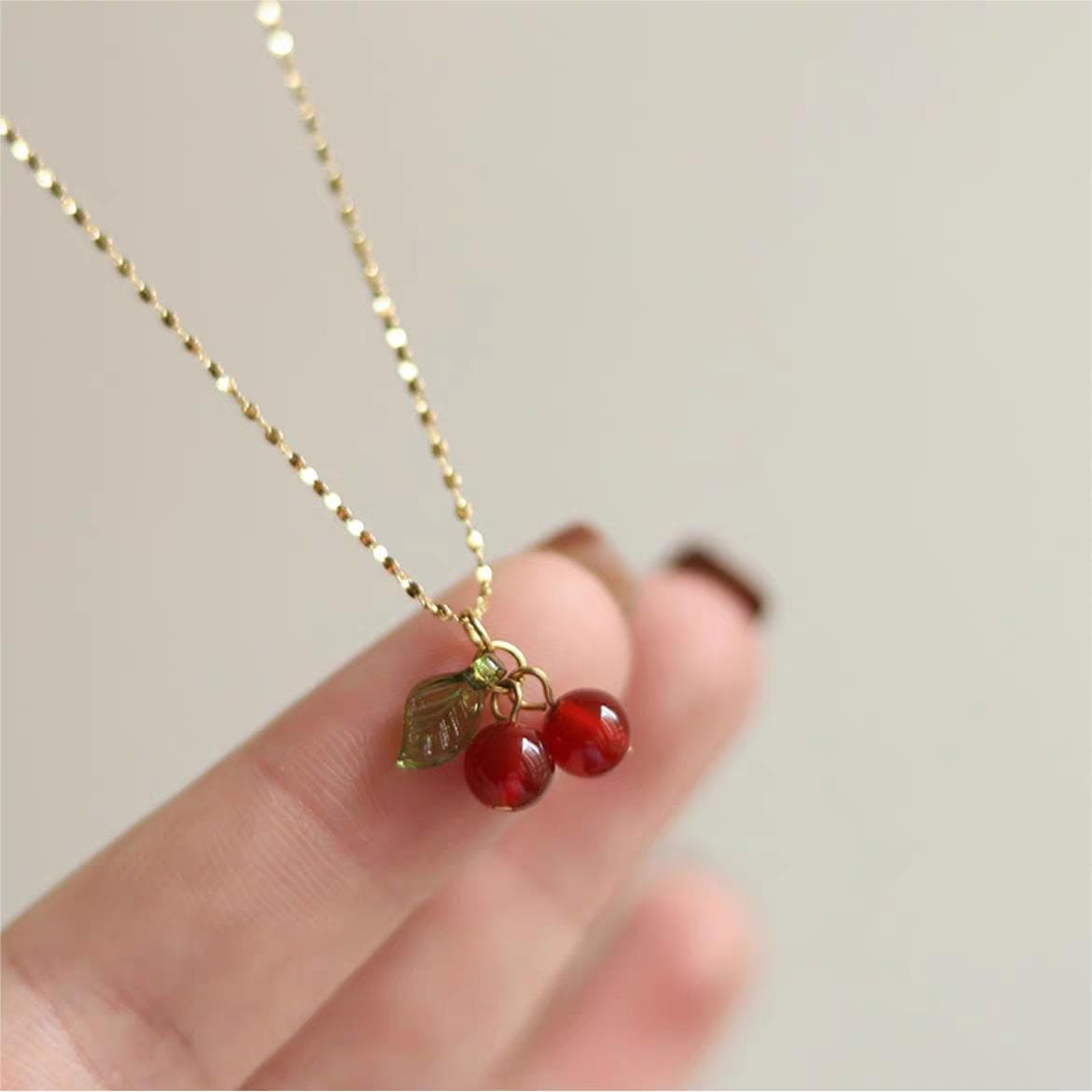 Dainty Handmade Crystal Cherry Pendant Necklace - ArtGalleryZen