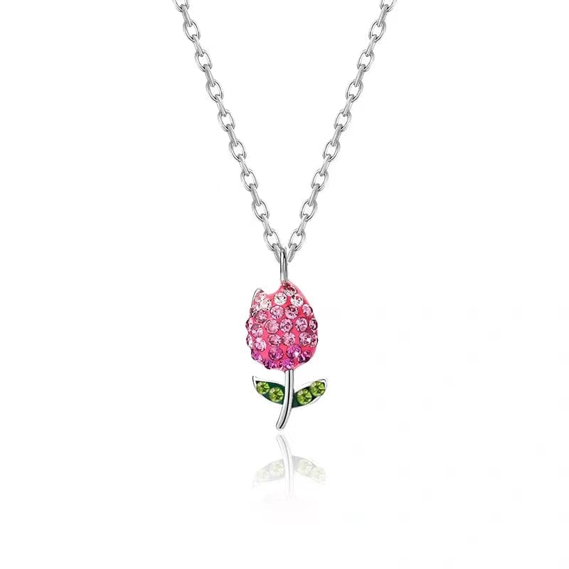 Dainty Handmade CZ Inlaid Pink Tulip Chain Necklace - ArtGalleryZen