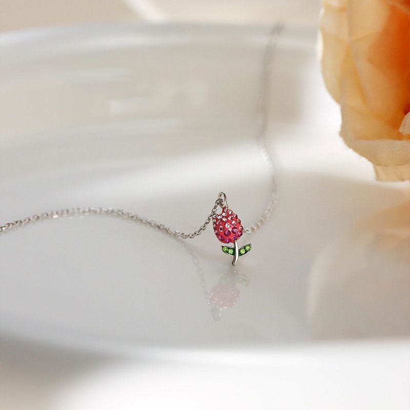 Dainty Handmade CZ Inlaid Pink Tulip Chain Necklace - ArtGalleryZen