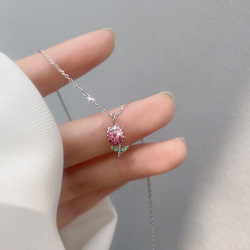 Dainty Handmade CZ Inlaid Pink Tulip Chain Necklace - ArtGalleryZen