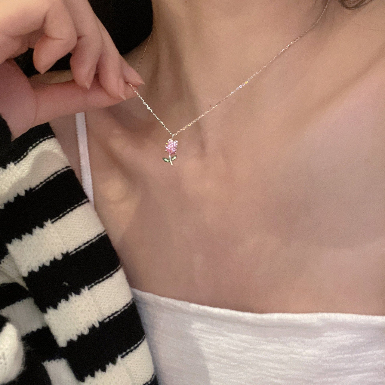 Dainty Handmade CZ Inlaid Pink Tulip Chain Necklace - ArtGalleryZen