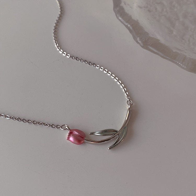 Dainty Handmade Enamel Pink Tulip Chain Necklace - ArtGalleryZen