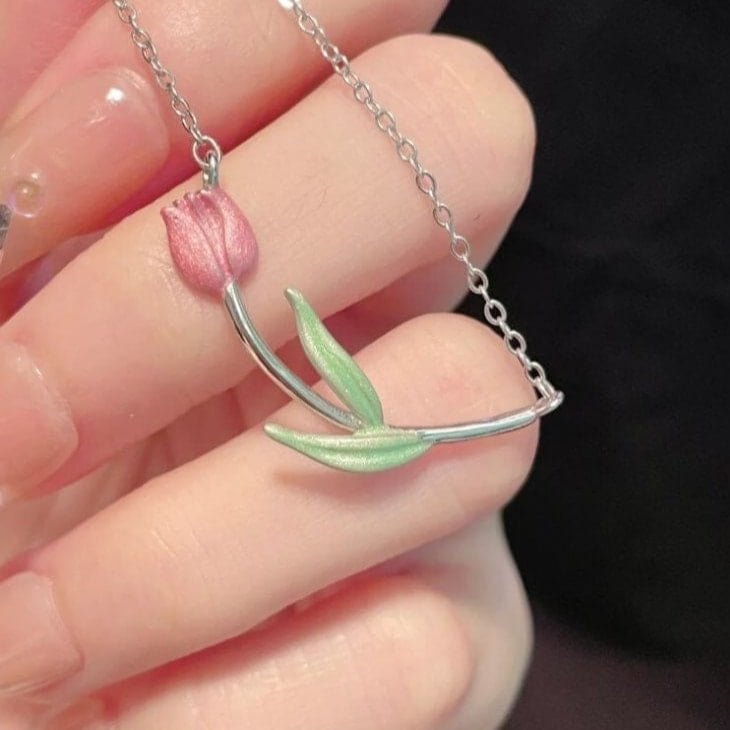 Dainty Handmade Enamel Pink Tulip Chain Necklace - ArtGalleryZen