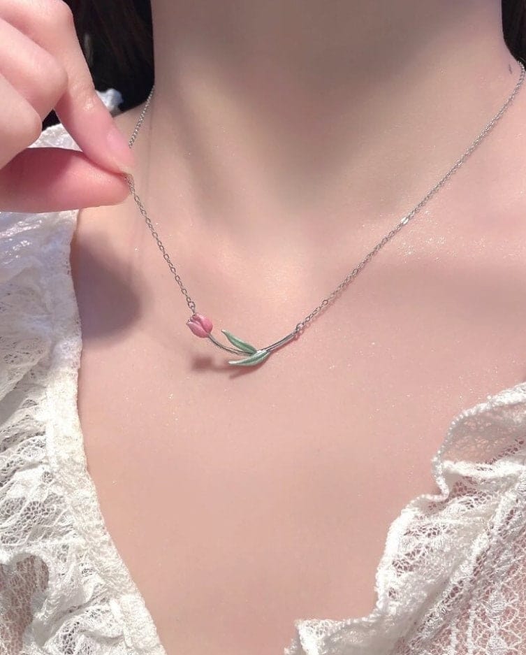 Dainty Handmade Enamel Pink Tulip Chain Necklace
