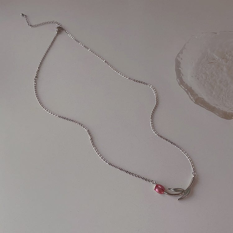 Dainty Handmade Enamel Pink Tulip Chain Necklace - ArtGalleryZen