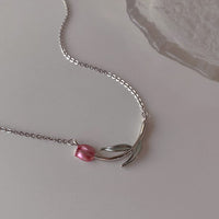 Thumbnail for Dainty Handmade Enamel Pink Tulip Chain Necklace - ArtGalleryZen