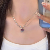 Thumbnail for Dainty Layered CZ Inlaid Purple Crystal Heart Pendant Star Chain Necklace - ArtGalleryZen