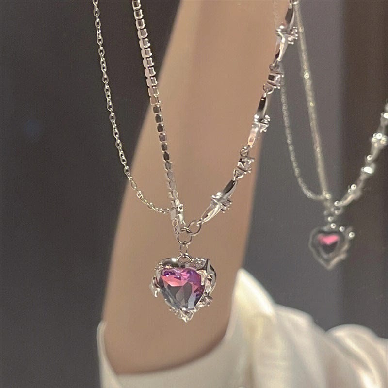 Dainty Layered CZ Inlaid Purple Crystal Heart Pendant Star Chain Necklace - ArtGalleryZen