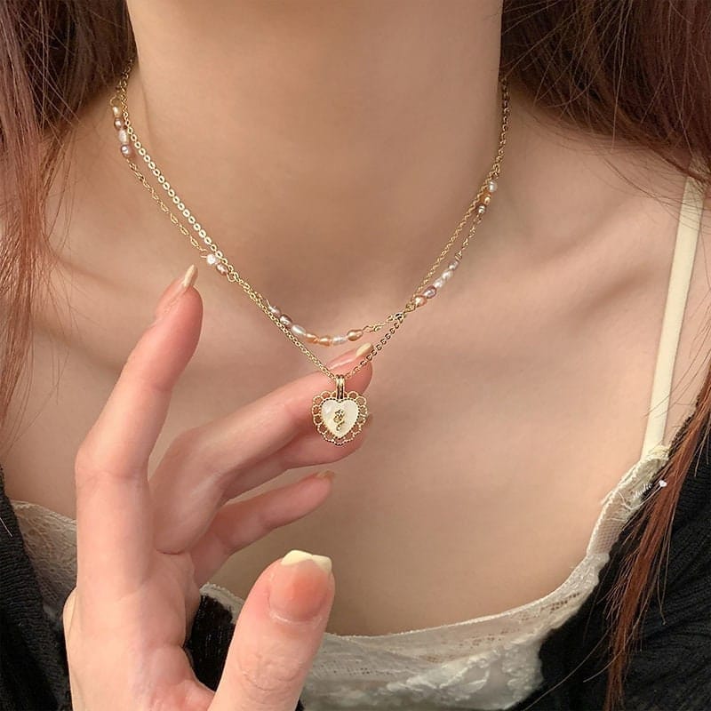 Dainty Layered Floral Heart Pendant Pearl Chain Choker Necklace Set - ArtGalleryZen