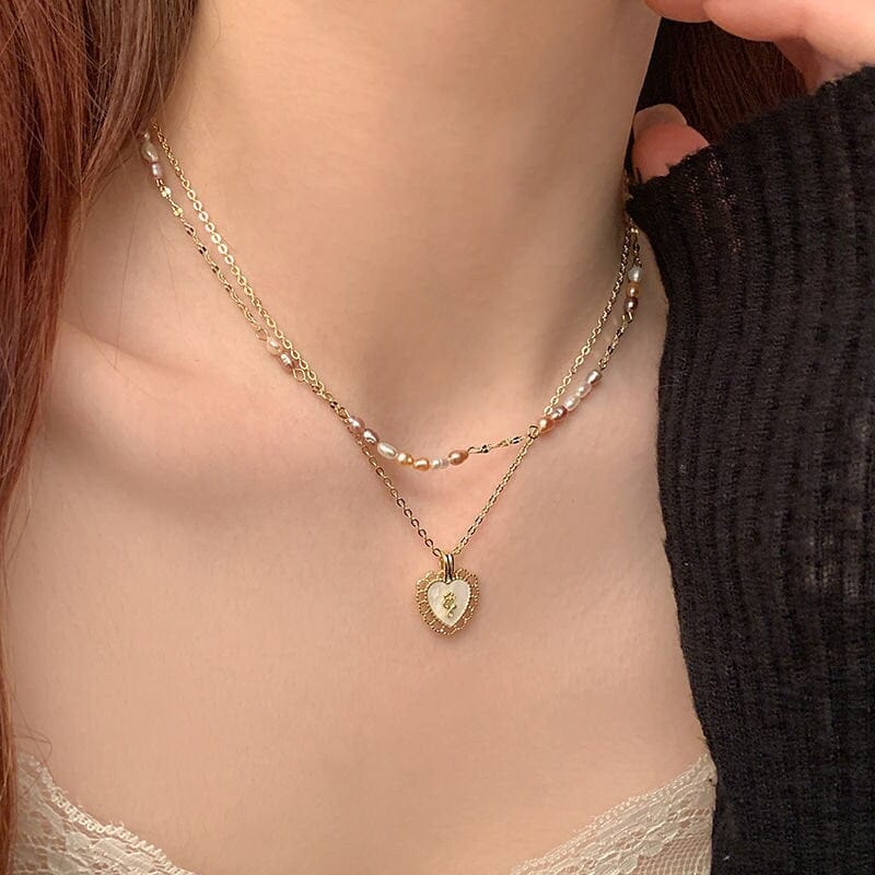 Dainty Layered Floral Heart Pendant Pearl Chain Choker Necklace Set - ArtGalleryZen
