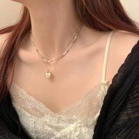 Thumbnail for Dainty Layered Floral Heart Pendant Pearl Chain Choker Necklace Set - ArtGalleryZen