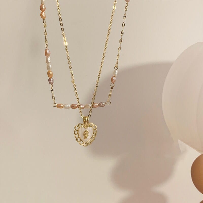 Dainty Layered Floral Heart Pendant Pearl Chain Choker Necklace Set - ArtGalleryZen