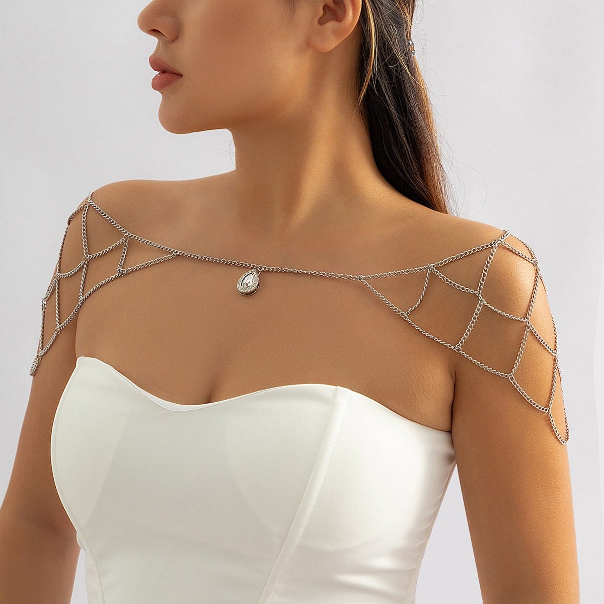 Dainty Layered Rhinestone Pendant Shoulder Necklace - ArtGalleryZen