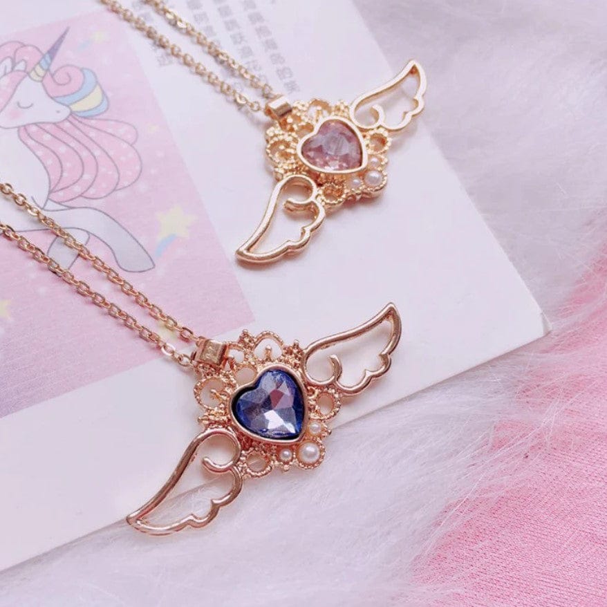 Dainty Pearl Inlaid Colorful Crystal Angel Heart Wings Necklace - ArtGalleryZen