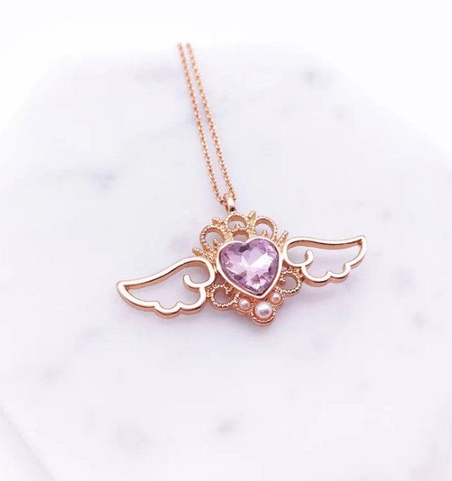 Dainty Pearl Inlaid Colorful Crystal Angel Heart Wings Necklace - ArtGalleryZen